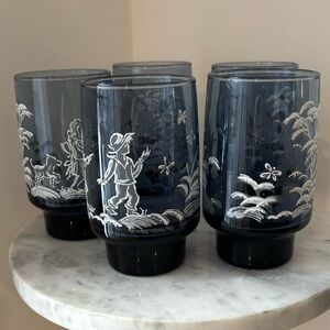 Vintage MCM Libbey Mary Gregory Smoke Blue w White Enameled Children/Dog Design